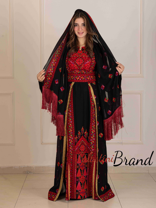 Lavish Black and Red Thob Dress with Detachable Back Skirt and Head Scarf