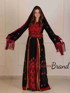 Lavish Black and Red Thob Dress with Detachable Back Skirt and Head Scarf