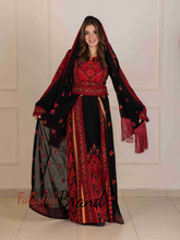 Lavish Black and Red Thob Dress with Detachable Back Skirt and Head Scarf