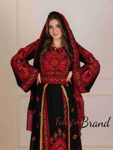 Lavish Black and Red Thob Dress with Detachable Back Skirt and Head Scarf