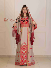 Lavish Beige and Red Thob Dress with Detachable Back Skirt and Head Scarf