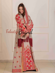 Lavish Beige and Red Thob Dress with Detachable Back Skirt and Head Scarf