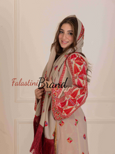 Lavish Beige and Red Thob Dress with Detachable Back Skirt and Head Scarf