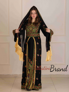 Lavish Black and Green Thob Dress with Detachable Back Skirt and Head Scarf