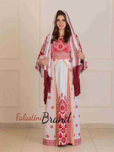 Lavish White and Red Thob Dress with Detachable Back Skirt and Head Scarf