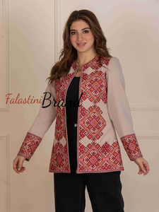 Palestinian Beige and Burgundy Diamond Embroidered Jacket