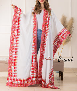 Royal Flowy White and Red Embroidered Open Abaya/Bisht