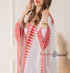 Royal Flowy White and Red Embroidered Open Abaya/Bisht