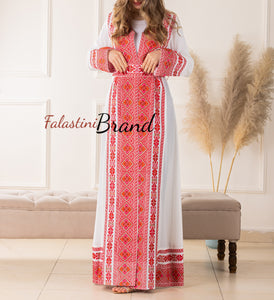 Elegant Palestinian White Chiffon Embroidered Open Abaya Kaftan Long Sleeve With Stylish Embroidery