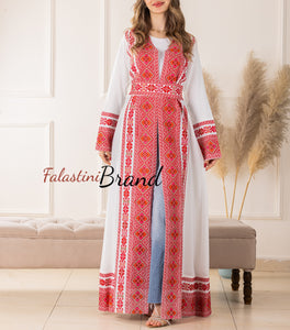 Elegant Palestinian White Chiffon Embroidered Open Abaya Kaftan Long Sleeve With Stylish Embroidery