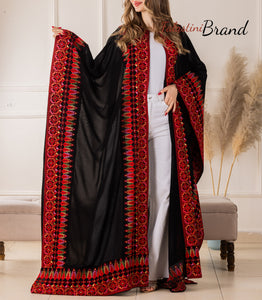 Royal Flowy Black and Red Embroidered Open Abaya/Bisht