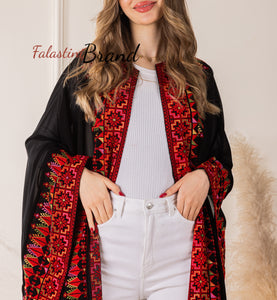 Royal Flowy Black and Red Embroidered Open Abaya/Bisht