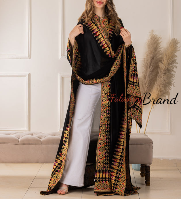 Royal Flowy Black and Beige Embroidered Open Abaya/Bisht