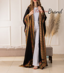 Royal Flowy Black and Beige Embroidered Open Abaya/Bisht