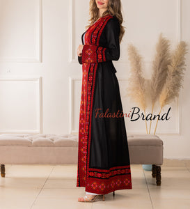 Elegant Palestinian Black Chiffon Embroidered Open Abaya Kaftan Long Sleeve With Stylish Embroidery