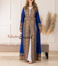 Elegant Palestinian Blue Chiffon Embroidered Open Abaya Kaftan Long Sleeve With Stylish Embroidery