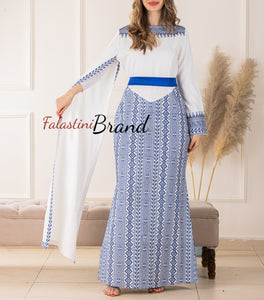 Stylish Mermaid White and blue Palestinian Embroidered Dress with Drape Details and Satin Belt