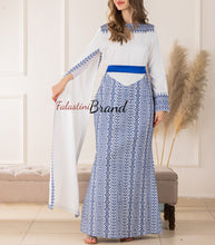 Stylish Mermaid White and blue Palestinian Embroidered Dress with Drape Details and Satin Belt