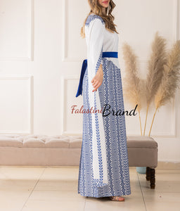 Stylish Mermaid White and blue Palestinian Embroidered Dress with Drape Details and Satin Belt