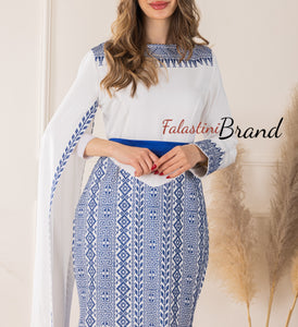 Stylish Mermaid White and blue Palestinian Embroidered Dress with Drape Details and Satin Belt