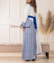 Stylish Mermaid White and blue Palestinian Embroidered Dress with Drape Details and Satin Belt