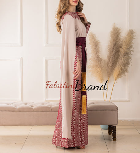 Stylish Mermaid Beige and Burgundy Palestinian Embroidered Dress with Drape Details and Satin Belt