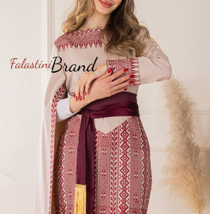 Stylish Mermaid Beige and Burgundy Palestinian Embroidered Dress with Drape Details and Satin Belt