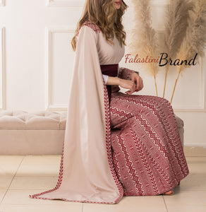 Stylish Mermaid Beige and Burgundy Palestinian Embroidered Dress with Drape Details and Satin Belt