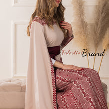 Stylish Mermaid Beige and Burgundy Palestinian Embroidered Dress with Drape Details and Satin Belt