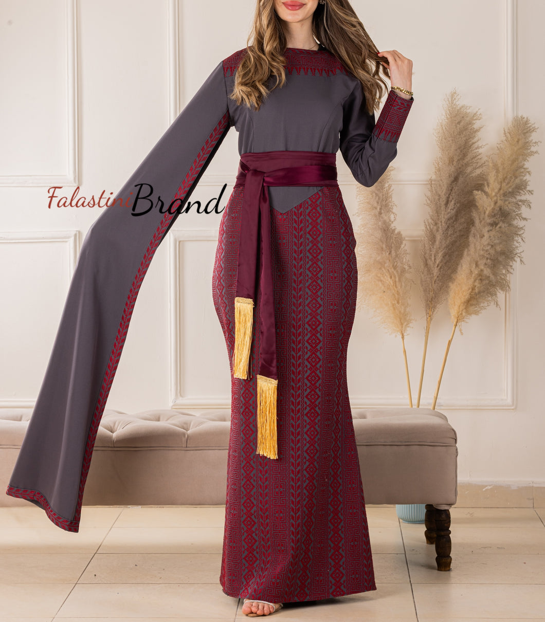 Stylish Mermaid Grey and Burgundy Palestinian Embroidered Dress with Drape Details and Satin Belt