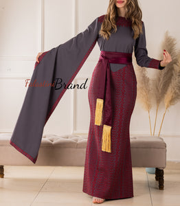 Stylish Mermaid Grey and Burgundy Palestinian Embroidered Dress with Drape Details and Satin Belt