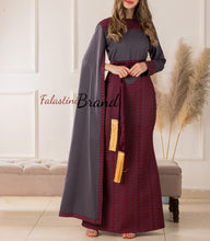 Stylish Mermaid Grey and Burgundy Palestinian Embroidered Dress with Drape Details and Satin Belt