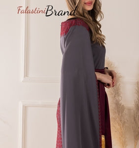 Stylish Mermaid Grey and Burgundy Palestinian Embroidered Dress with Drape Details and Satin Belt