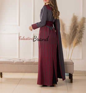 Stylish Mermaid Grey and Burgundy Palestinian Embroidered Dress with Drape Details and Satin Belt