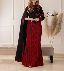 Stylish Mermaid Black and Red Palestinian Embroidered Dress with Drape Details and Satin Belt