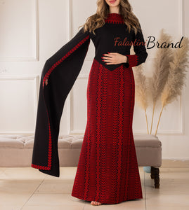 Stylish Mermaid Black and Red Palestinian Embroidered Dress with Drape Details and Satin Belt