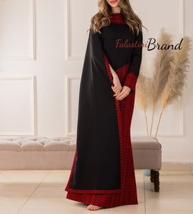 Stylish Mermaid Black and Red Palestinian Embroidered Dress with Drape Details and Satin Belt