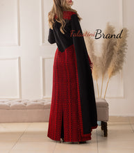 Stylish Mermaid Black and Red Palestinian Embroidered Dress with Drape Details and Satin Belt