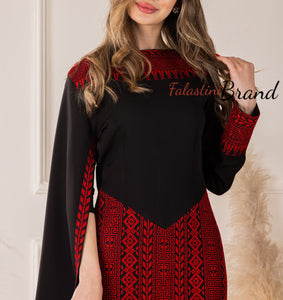 Stylish Mermaid Black and Red Palestinian Embroidered Dress with Drape Details and Satin Belt