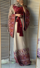 Very Unique Radan Sleeves Beige and Burgundy Thobe with Dense Embroidery and Satin Details