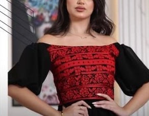 Black and Red Off-Shoulder Palestinian Embroidered Short Dress
