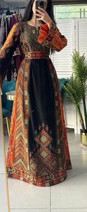 Black Palestinian Embroidered Thobe with Green and Orange Embroidery and Satin