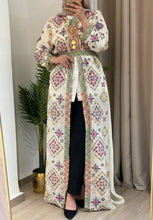 NAQSH Off-white and Colorful Georgette Diamond Embroidered Open Abaya Kaftan