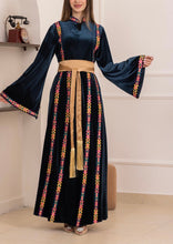 Blue Velvet Elegance Stripes Embroidered Dress with Satin Belt