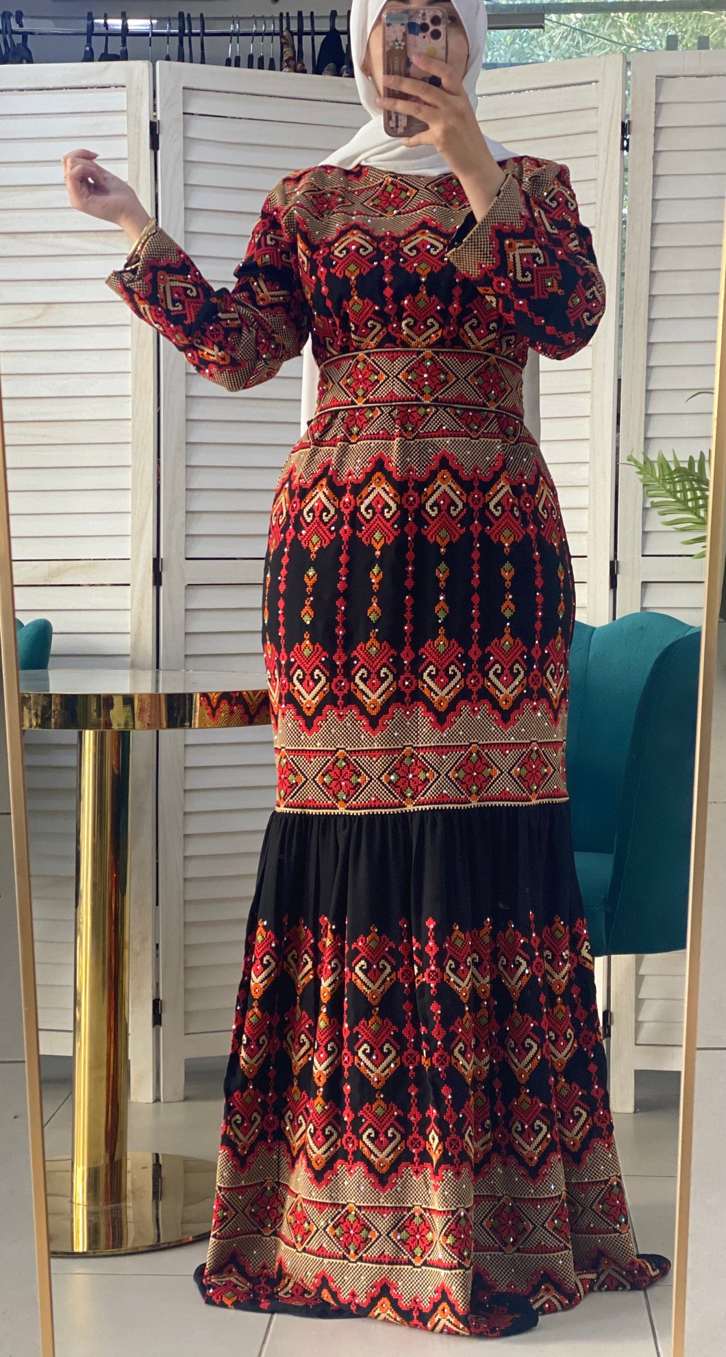 Mermaid Black and Multicolored Palestinian Embroidered Dress with Rhinestones