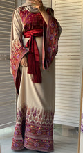 Very Unique Radan Sleeves Beige and Burgundy Thobe with Dense Embroidery and Satin Details