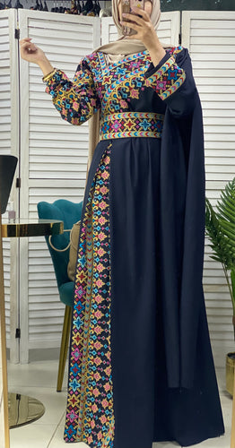 Elegant Navy Shoulder Details Embroidered Dress