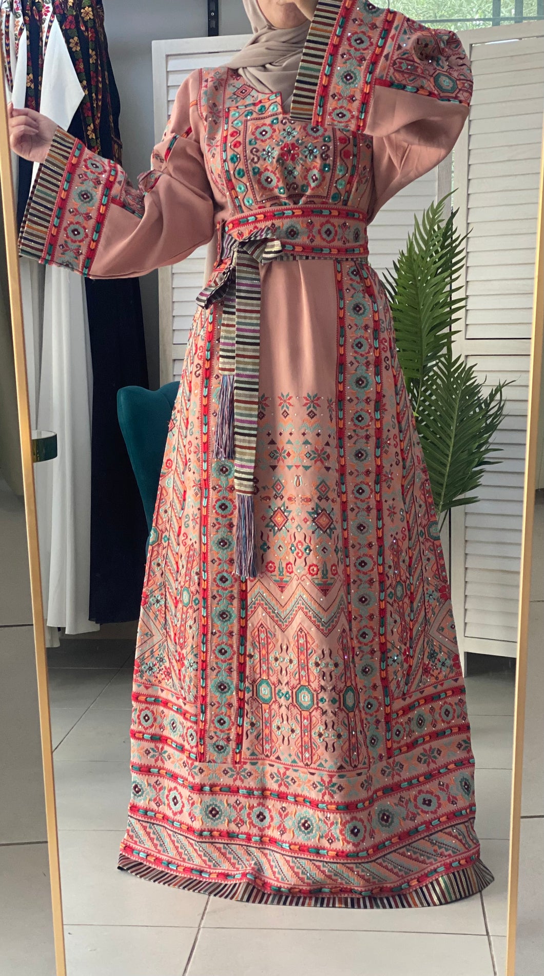 Unique Peach Pink Palestinian Embroidered Thob Dress with Kashmir Details