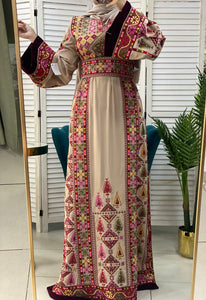 Charming Palestinian Embroidered Beige And Red Thobe Dress Palestinian Embroidery