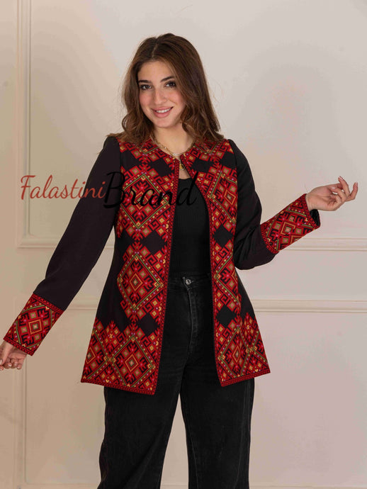 Palestinian Black and Red Diamond Embroidered Jacke